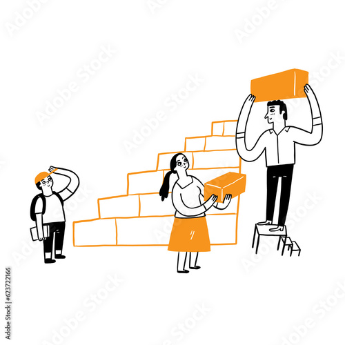Parents are building a structure of stairs for their children to step up. happy giving family warmth.