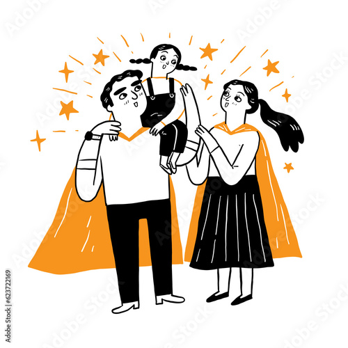 Happy loving family. The little girl sat on her father's shoulder. Parents who are like children's heroes.