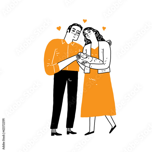 Young smiling parents mother and father family standing and holding small toddler infant newborn baby in hands feeling love and happiness.