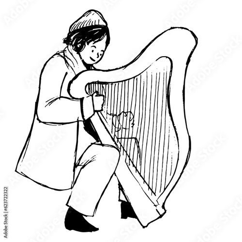 Musician playing harp ink sketch. Musical performer illustration. Isolated vector drawing. 