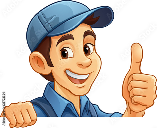 A painter, handyman, mechanic, plumber or other construction cartoon mascot man in overall dungarees. Giving a thumbs up.