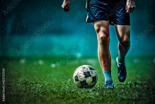 soccer player in blur shorts in field, close up, is raining © VicenSanh