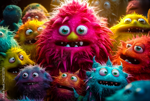 some colorful monsters are all togehter in the forest  cute  humorous