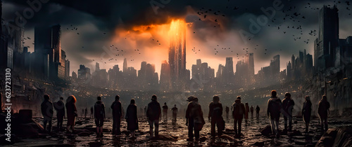 some of the people are standing watching a city with fire in sky