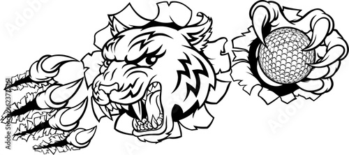 A tiger golf player cartoon animal sports mascot holding a ball in its claw