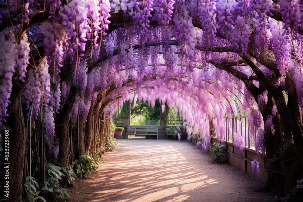 Wisteria canopy in full bloom over a quiet garden path Wisteria canopy in full bloom over a quiet garden path