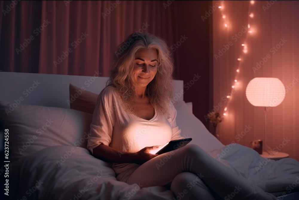 beautiful woman with smartphone in bedroom evening