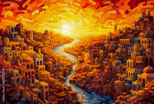 a painting of a colorful village at sunset, cubism style, colorful © VicenSanh