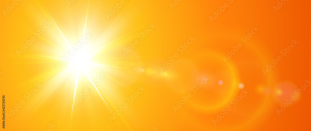 Fototapeta premium Sunny background, orange sun with lens flare, hot weather concept summer illustration.
