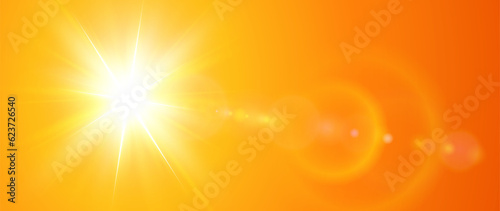Sunny background, orange sun with lens flare, hot weather concept summer illustration.