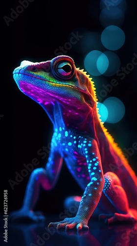 Neon Gecko on Dark Background. Generative AI