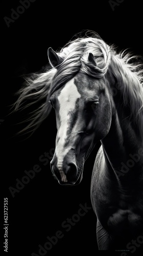 Majestic Black and White Horse on Dark Background. Generative AI