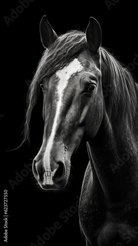 Majestic Black and White Horse on Dark Background. Generative AI