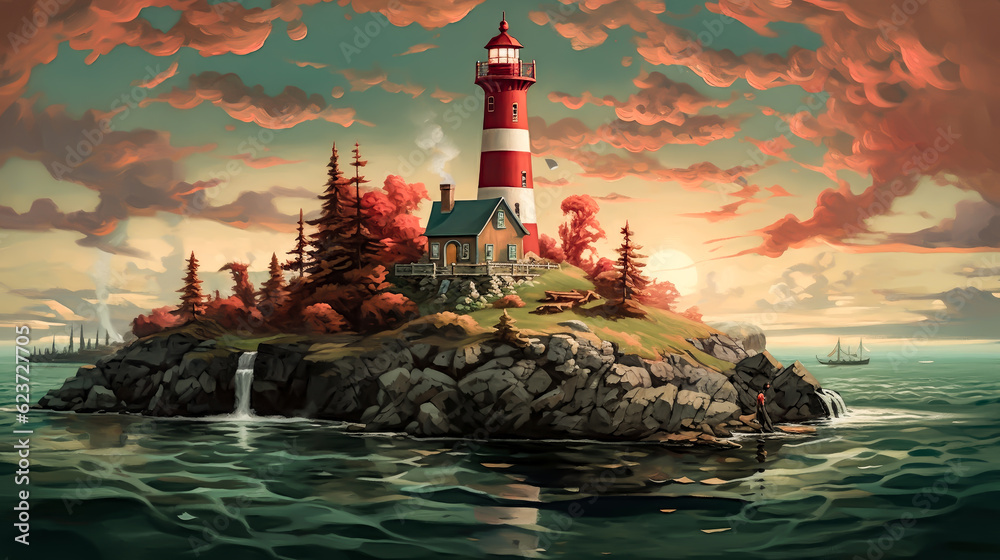 a painting of a lighthouse in a island and clouds over the water