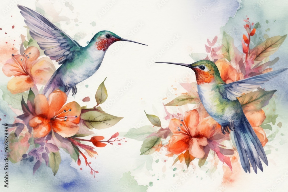 Watercolor hummingbirds floral. Generate Ai