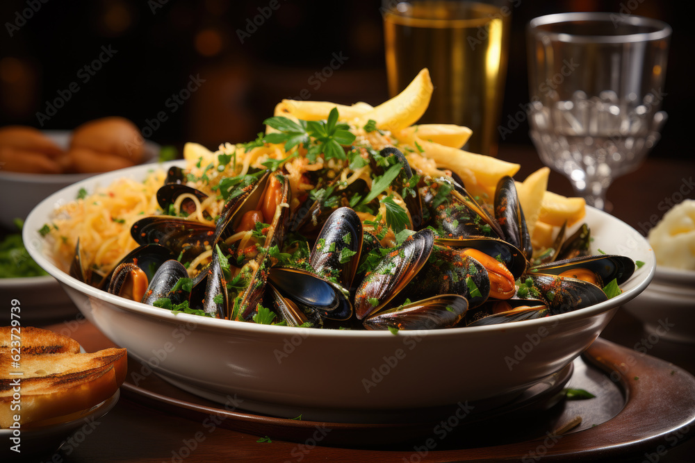 Generative ai illustration of metal pan with mussels and ingrendients Generative ai illustration of metal pan with mussels and ingrendients