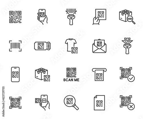 Vector set of QR code line icons. Contains icons show code, scan me, barcode, scanner, package code, ticket, scanning process and more. Pixel perfect.