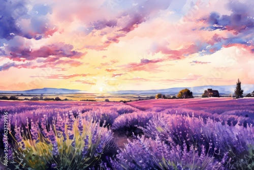 Watercolor lavender field sky. Generate Ai