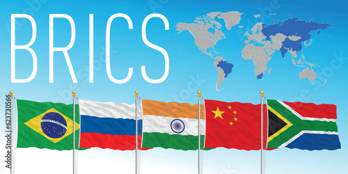BRICS summit, flags of the countries and map, vector illustration