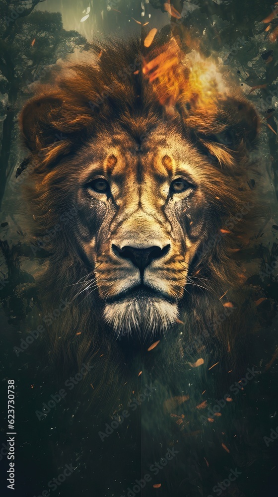 Roaring Lion in Double Exposure Style on Dark Background. Generative AI