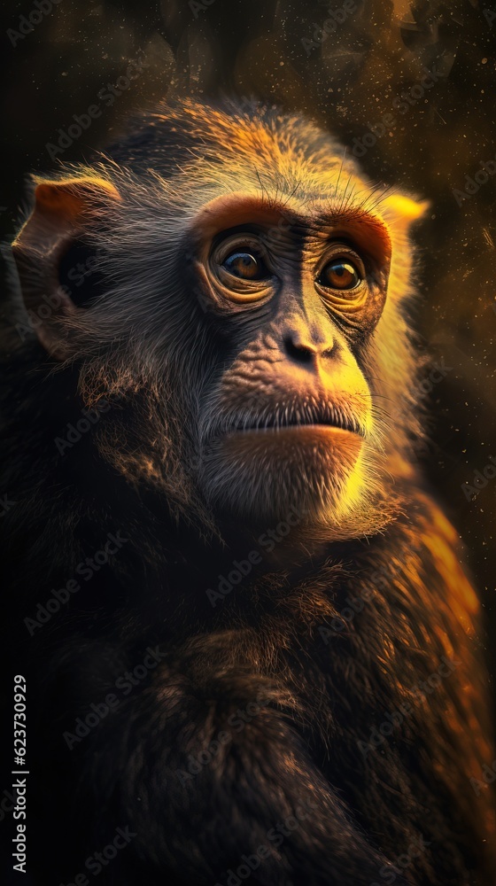 Playful Monkey in Bokeh Style on Dark Background. Generative AI