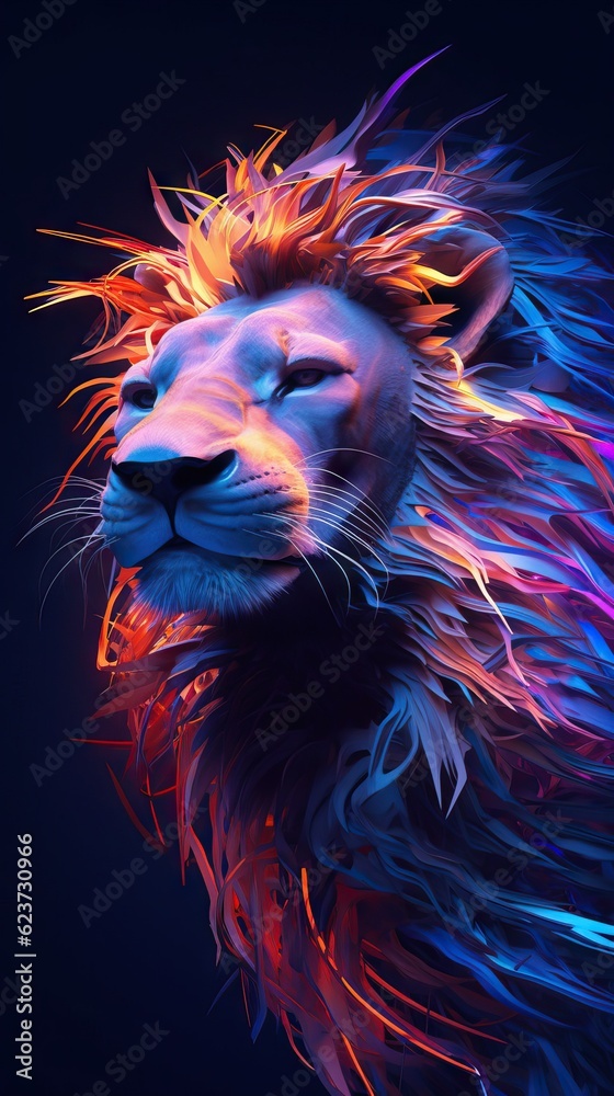 Mesmerizing Neon Lion in Dynamic Composition with Dramatic Lighting. Generative AI