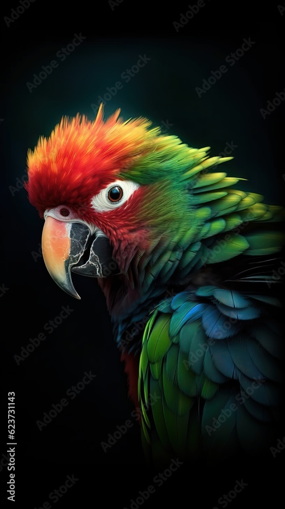 Vibrant Parrot on Dark Bokeh Background. Generative AI