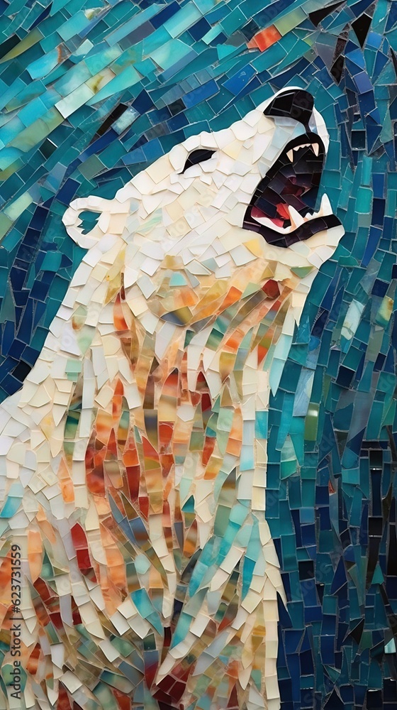 Stained Glass Polar Bear on Dark Background. Generative AI