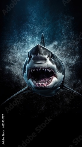 Grungeon Shark in Dark Waters. Generative AI