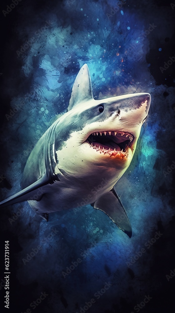 Watercolor Shark on Dark Background. Generative AI