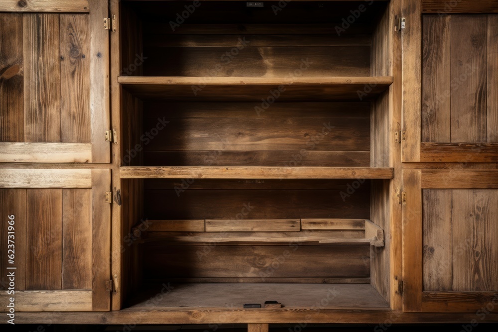 Wooden empty shelves. Generate Ai