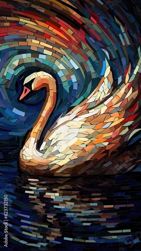 Swan in Stained Glass Style on Dark Background. Generative AI