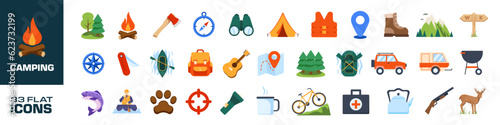 Camping icon set. Cartoon style.