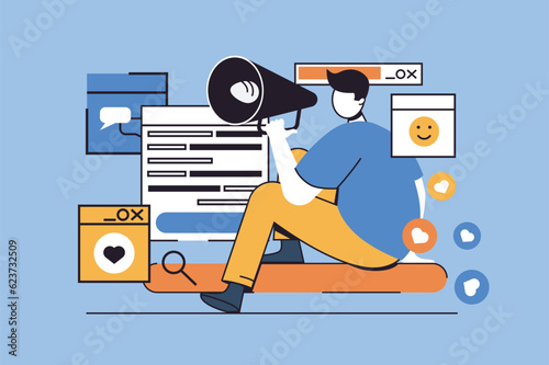 Social media marketing concept with people scene in flat design for web. Man with megaphone announcing product and promoting business. Vector illustration for social media banner, marketing material.