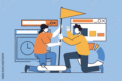 Teamwork concept with people scene in flat design for web. Man and woman set flag together, working in cooperation, achieving goals. Vector illustration for social media banner, marketing material.