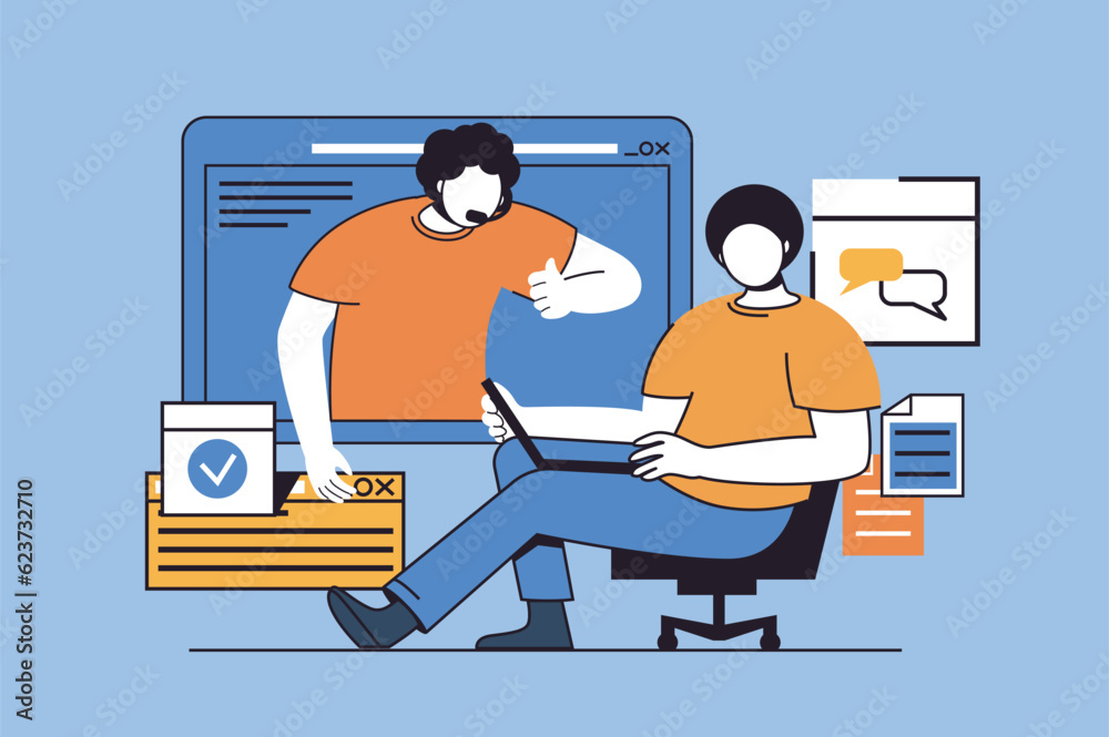 Virtual assistant concept with people scene in flat design for web. Man calling to helpdesk and getting help and solving problem. Vector illustration for social media banner, marketing material.