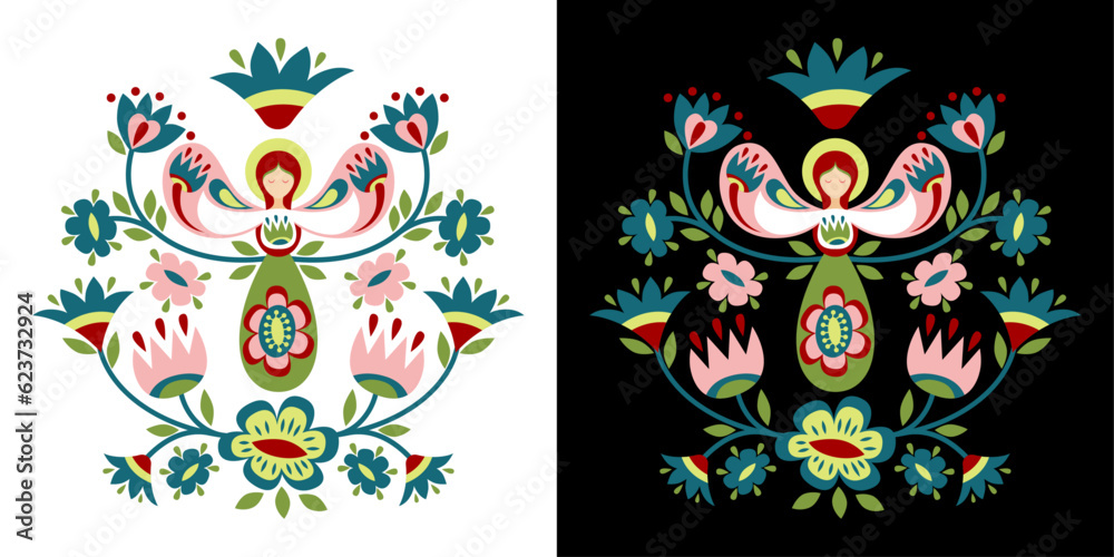 Floral composition with guardian angel in Ukrainian style. Flat pattern based on Ukrainian embroidery on a black and white background. Tree of Life. Floral composition with guardian angel in Ukrainian style. Flat pattern based on Ukrainian embroidery on a black and white background. Tree of Life.