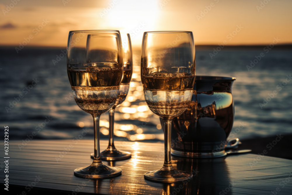 Two champagne glasses clinked together against a backdrop of a golden sunset, the perfect way to toast to new beginnings. AI Generative.