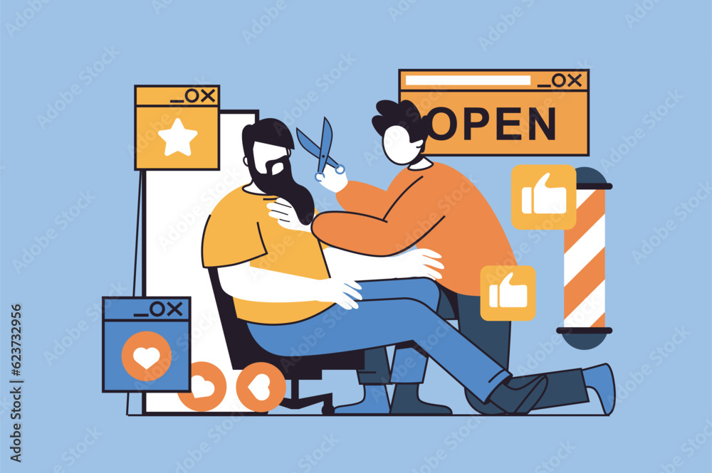 Barbershop concept with people scene in flat design for web. Barber with scissor making haircut and beard style for client in salon. Vector illustration for social media banner, marketing material.