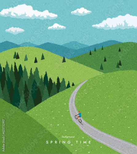 Cycling man in nature. Mountain landscape. Traveling. Scenic view background. Spring summer outdoor adventure. Web banner, Poster, Card, Book cover. Trendy flat design. Simple vector illustration.