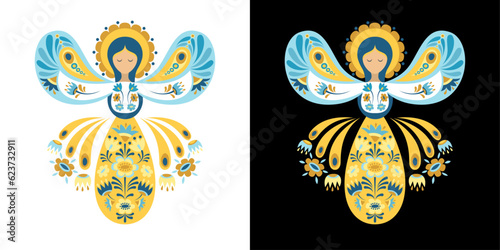 Vector image in yellow and blue with an angel in the Ukrainian style on a white and black background.