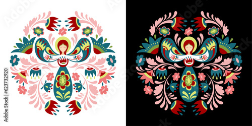 Round floral composition with guardian angel in Ukrainian style. Flat pattern based on Ukrainian embroidery on a black and white background.