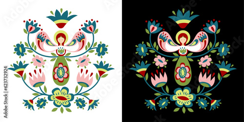 Floral composition with guardian angel in Ukrainian style. Flat pattern based on Ukrainian embroidery on a black and white background. Tree of Life.