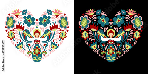 Floral composition in the shape of a heart with guardian angel in Ukrainian style. Flat pattern based on Ukrainian embroidery on a black and white background.