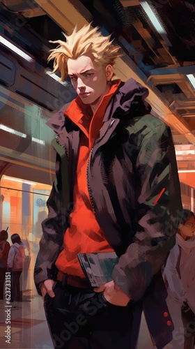 Anime Man with Spiky Golden Hair Standing in a Bustling Train Station AI Generated © Alexander