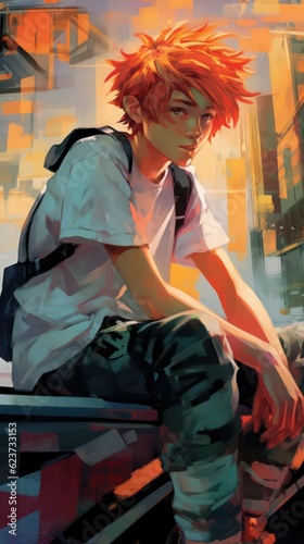 Anime Man with Short Fiery Red Hair Leaning Against a Graffiti-Filled Skate Park with a Skateboard AI Generated