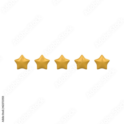 Five gold star rate review customer experience quality service concept award, ranking icon symbol 3D rendering 