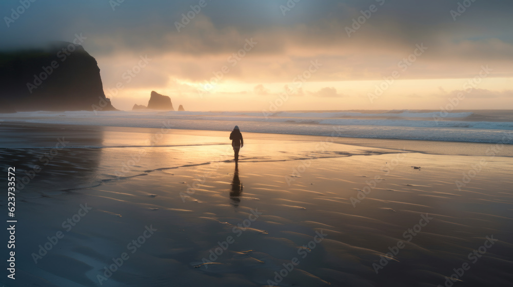Silhouette of a person on an empty beach with moody cloudy ambiance