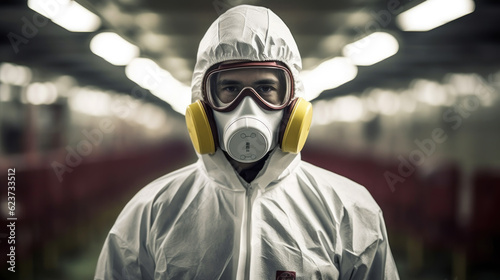 Individual in protective suit in a bacteriological risk environment