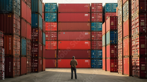 Foto Man surrounded by rows of shipping containers at a port